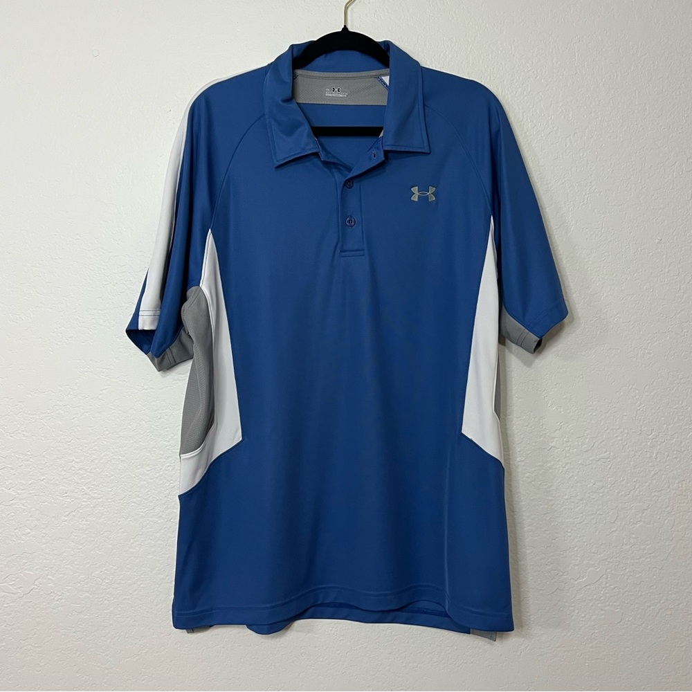 Under Armour Blue Tri- Color Polo Dry Fit‎ Athletic Golf Shirt, Men’s Size XL